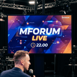 Digital screen showing MFORUM Live streaming event at 22:00 with abstract blue and orange background.